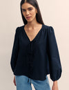 Black Linen-blend Tie Front Bernadetta Blouse