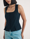 Black Linen-blend Scoop Neck Pleat Detail Waistcoat