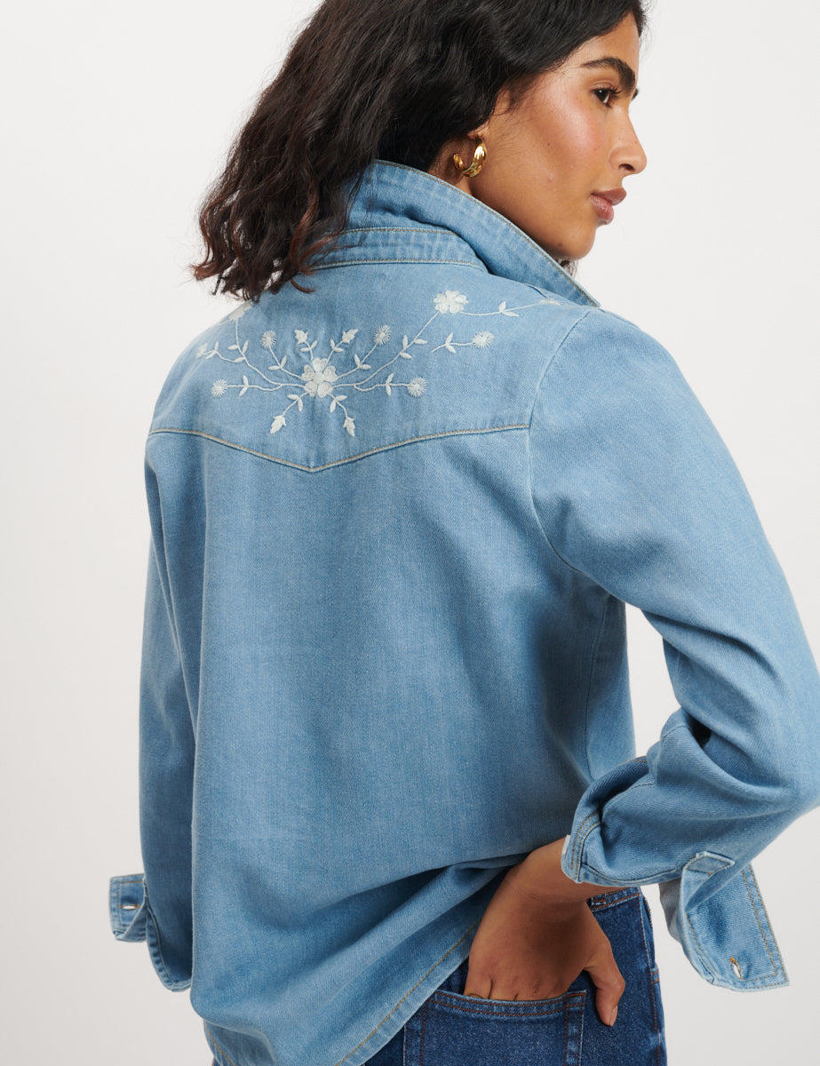 Denim Floral Embroidered Shirt