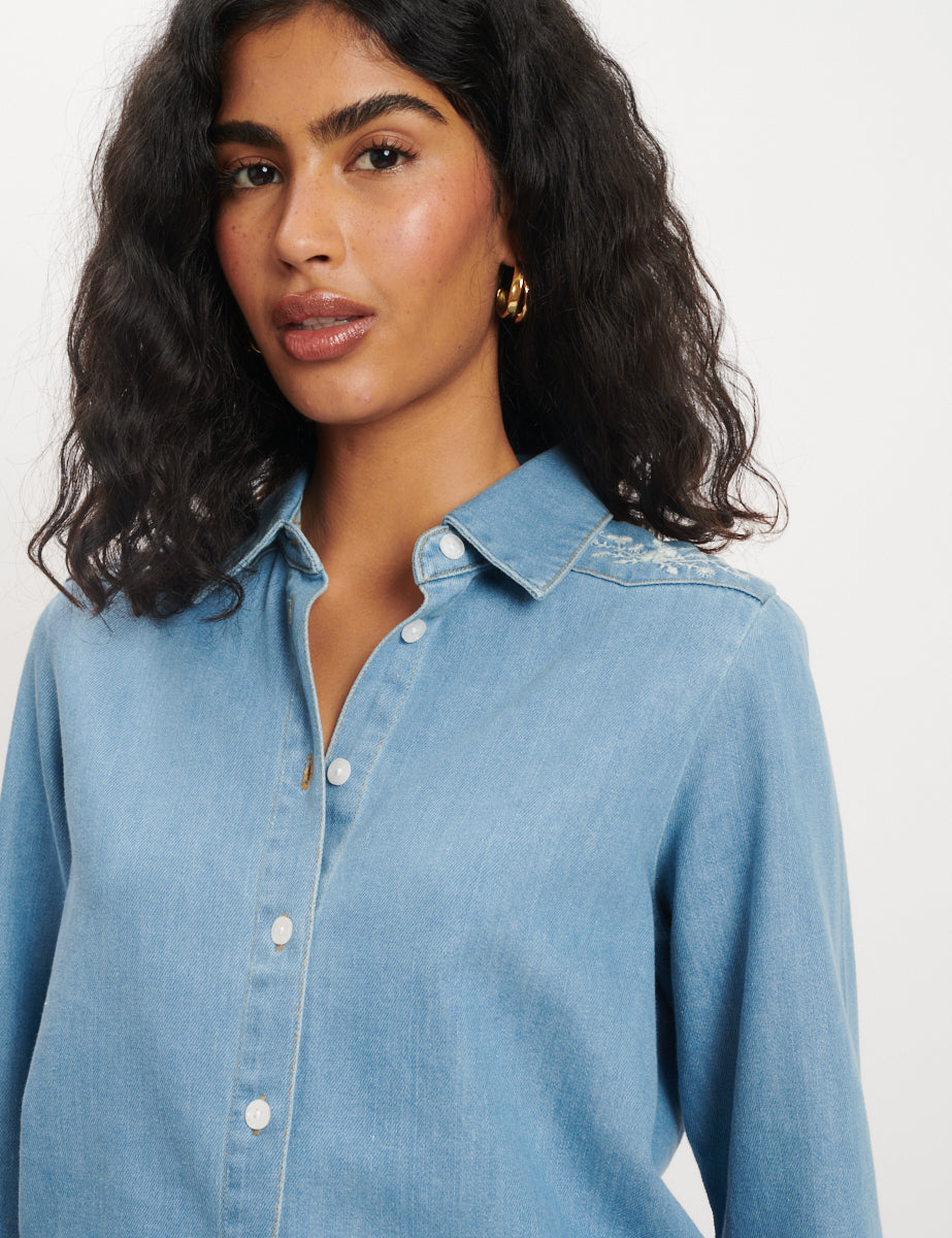 Denim Floral Embroidered Shirt