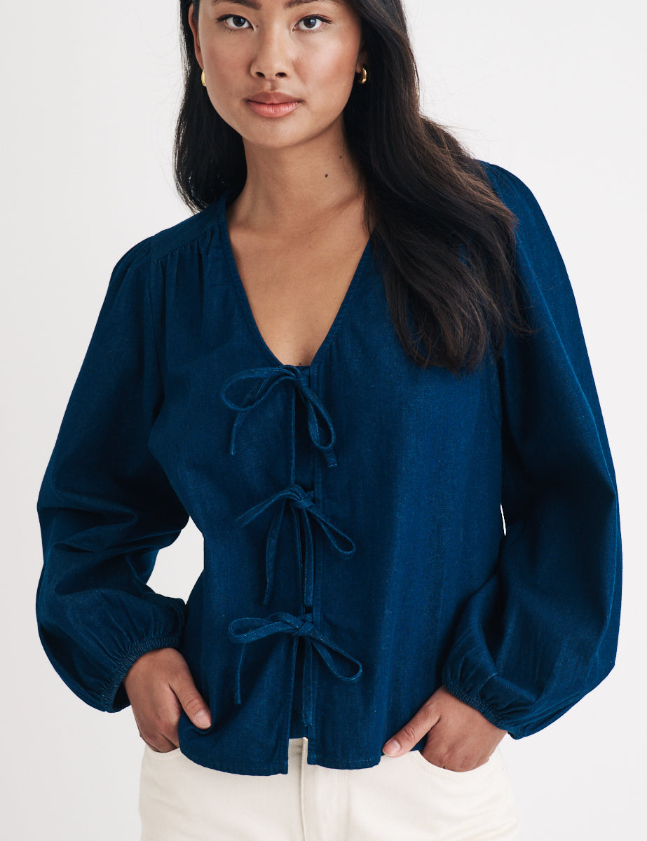 Dark Denim Tie Front Bernadetta Blouse