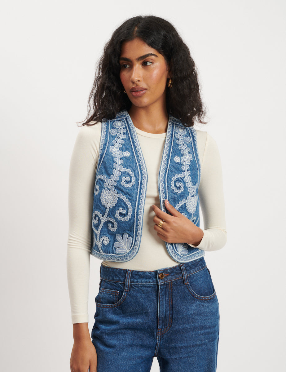 Denim Embroidered Waistcoat