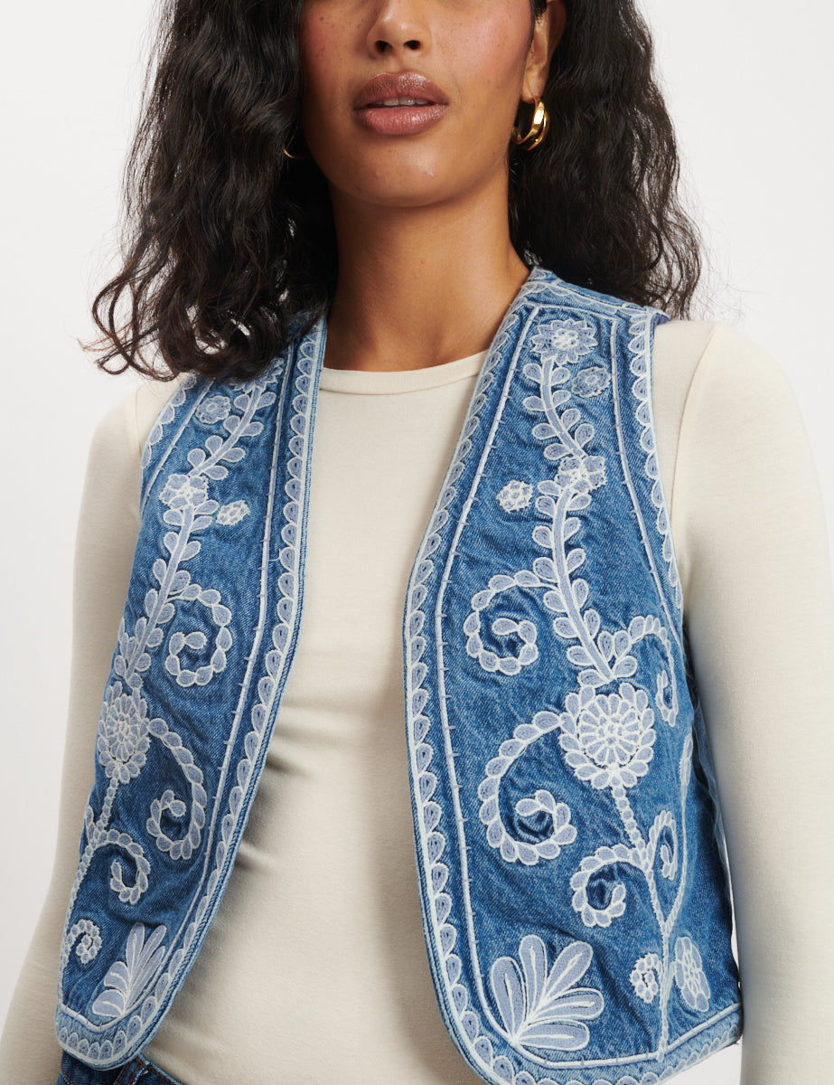 Denim Embroidered Waistcoat