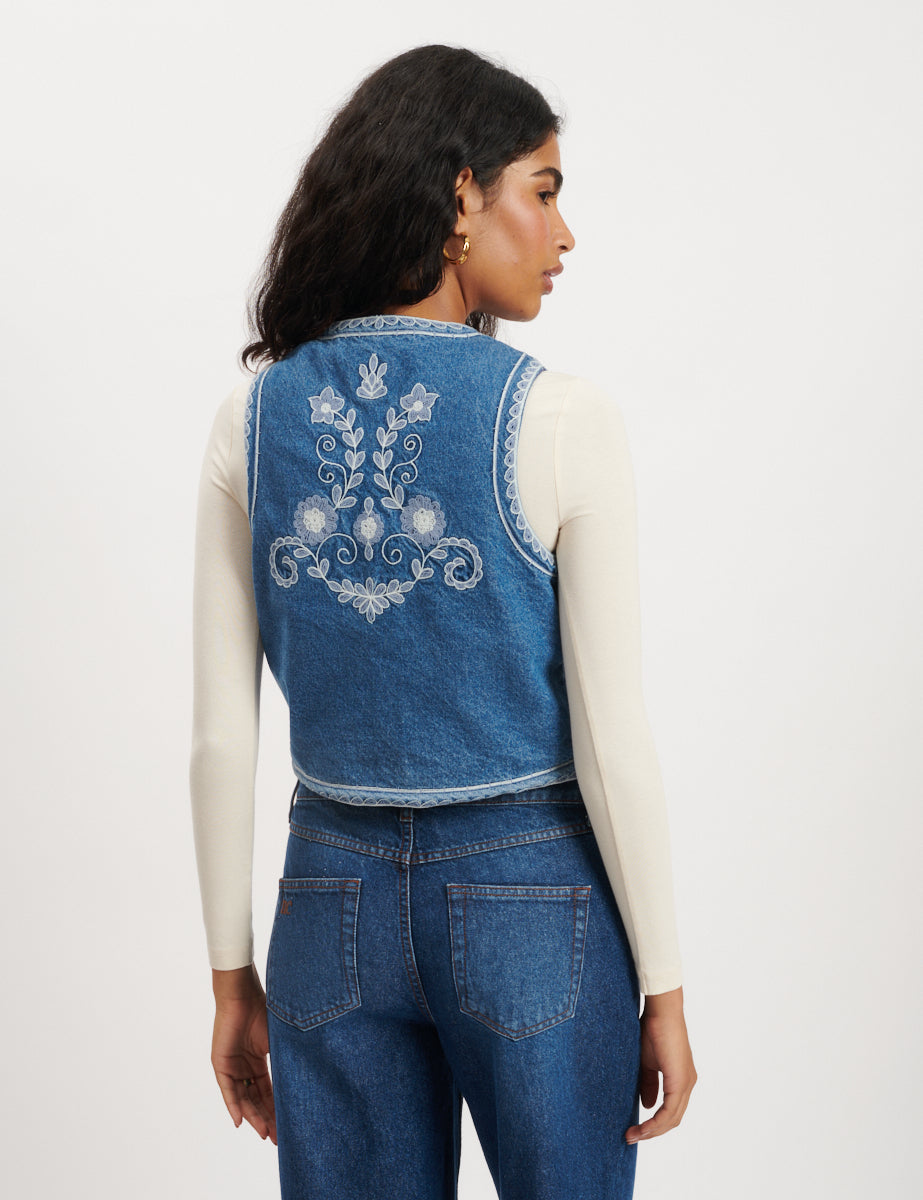 Denim Embroidered Waistcoat