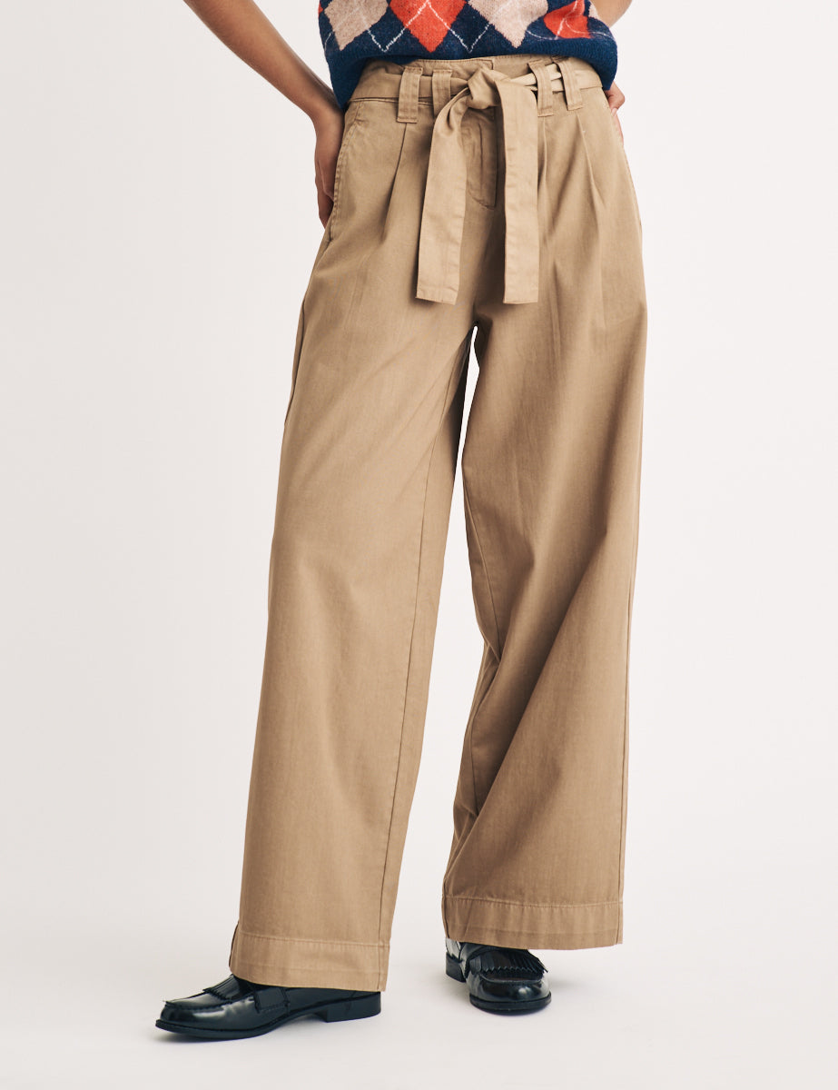 Beige Wide Leg Tie Waist Trousers