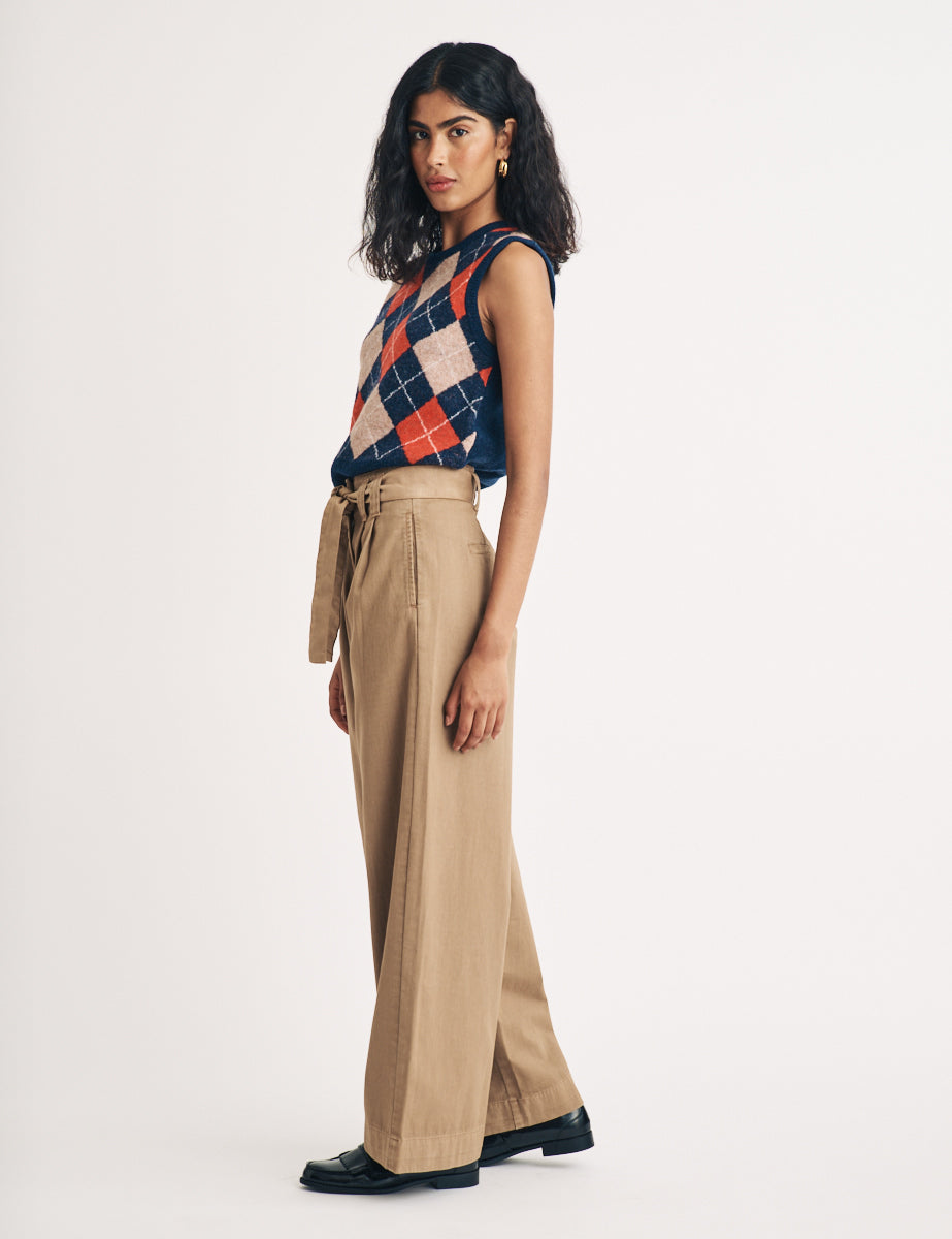 Beige Wide Leg Tie Waist Trousers