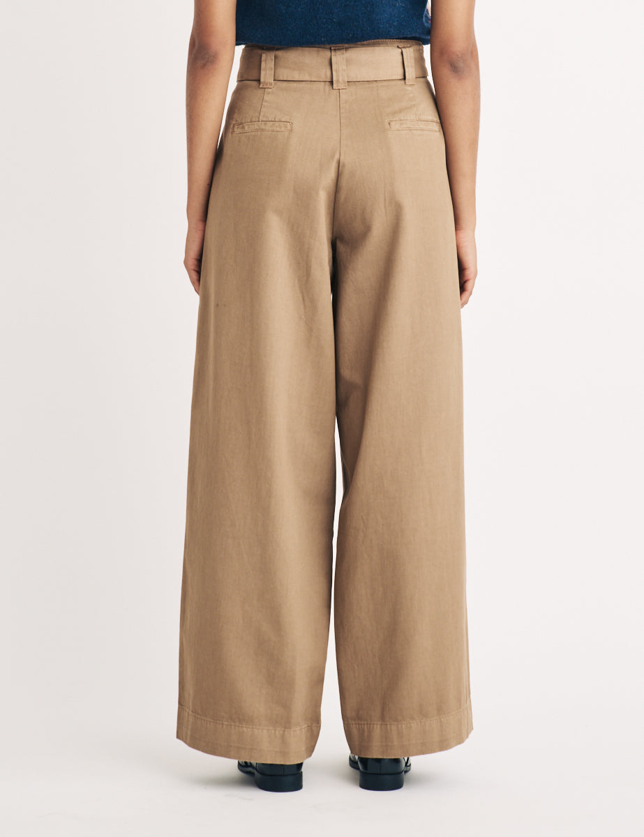 Beige Wide Leg Tie Waist Trousers