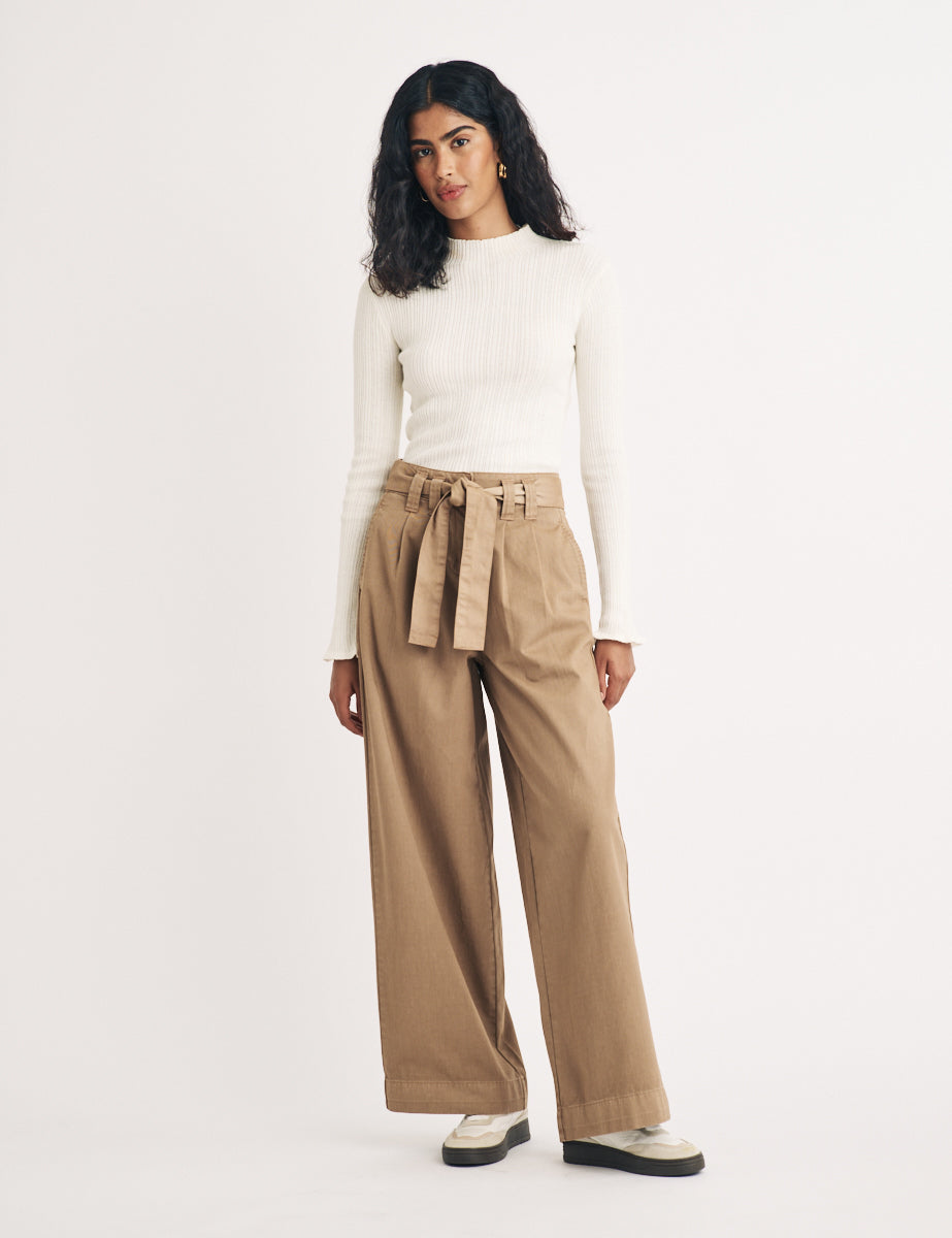 Beige Wide Leg Tie Waist Trousers