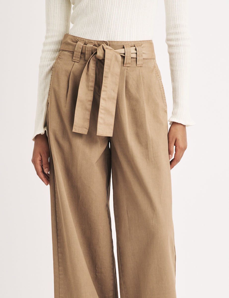 Beige Wide Leg Tie Waist Trousers