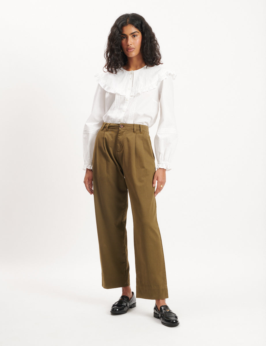 Olive Green Pleated Cropped Ava Trousers