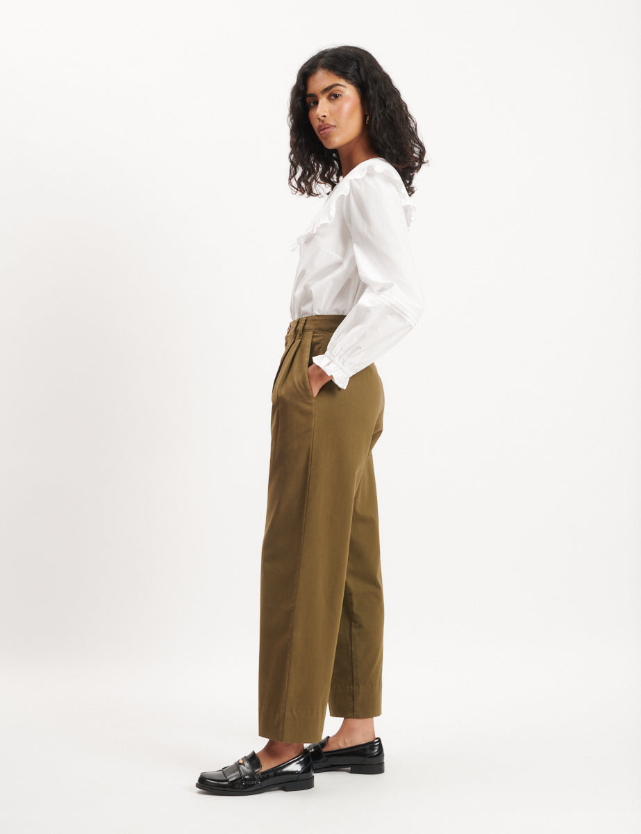 Olive Green Pleated Cropped Ava Trousers