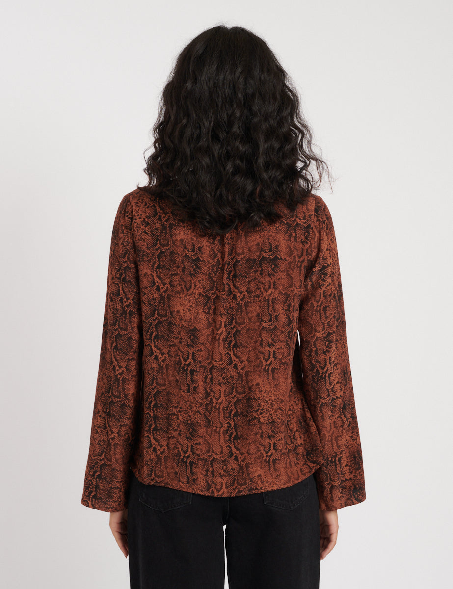 Brown Snake Print Scarf Blouse