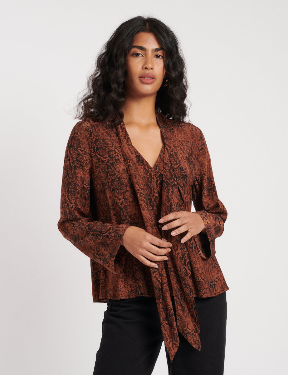 Brown Snake Print Scarf Blouse