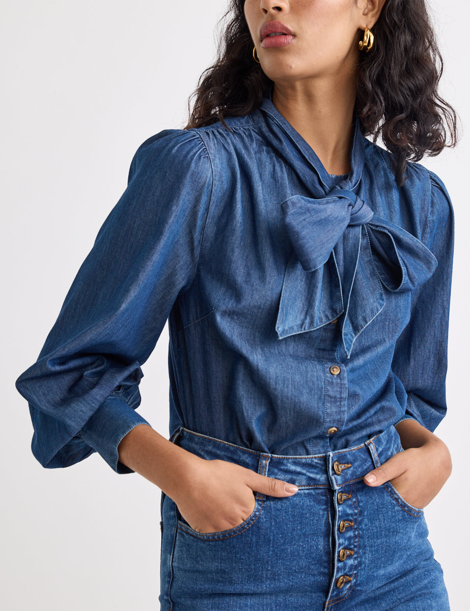 Denim Tie Neck Blouse