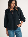 Black Tie Front Balloon Sleeve Blouse