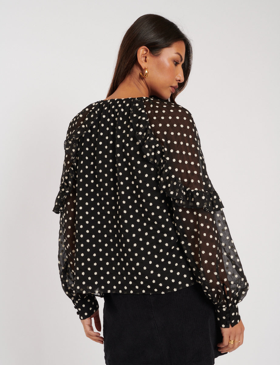 Black Floral Embroidered Balloon Sleeve Blouse