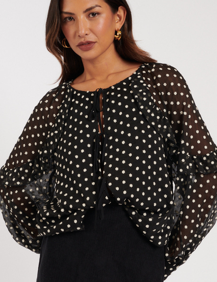 Black Floral Embroidered Balloon Sleeve Blouse