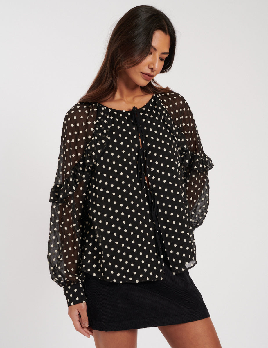 Black Floral Embroidered Balloon Sleeve Blouse