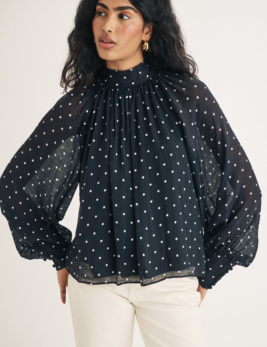 Black Polka Dot Print Balloon Sleeve Blouse