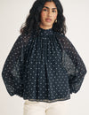 Black Polka Dot Print Balloon Sleeve Blouse