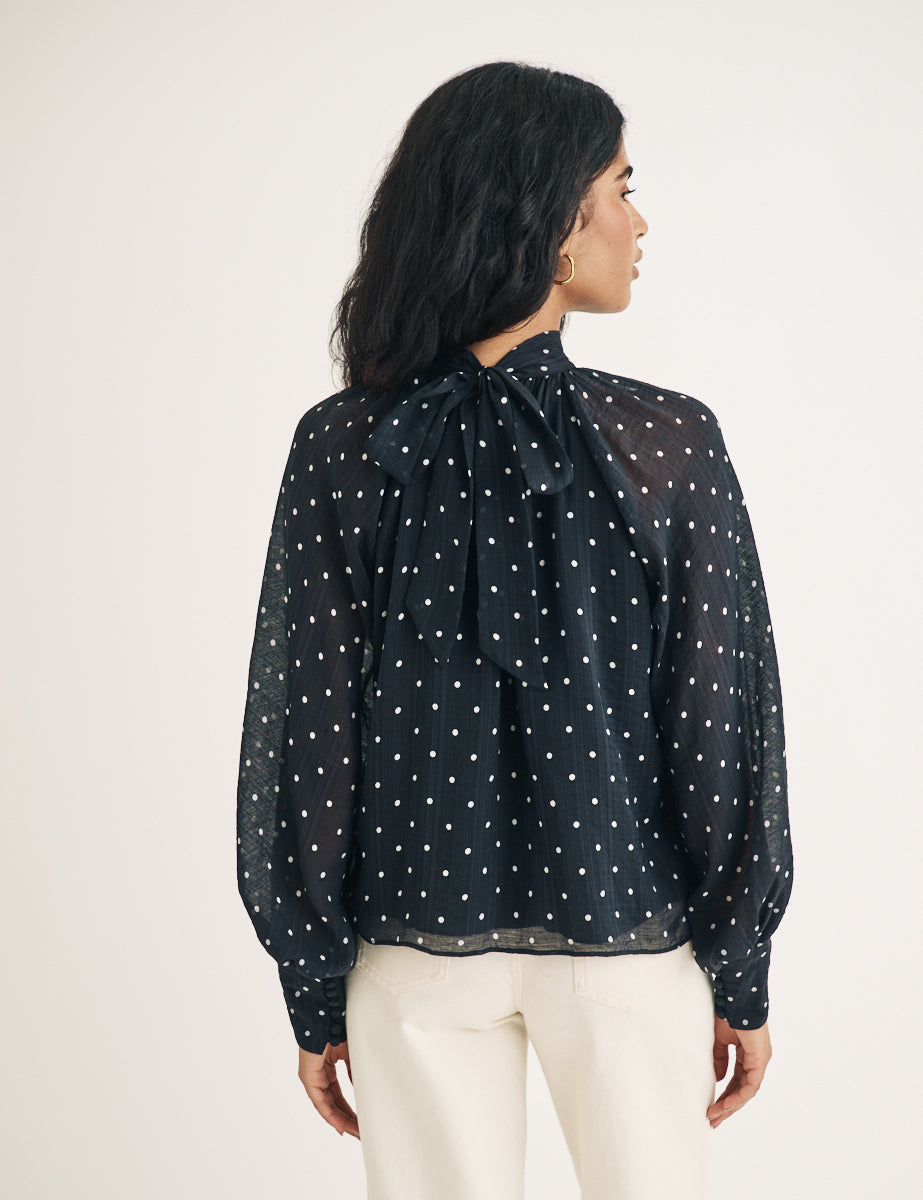 Black Polka Dot Print Balloon Sleeve Blouse