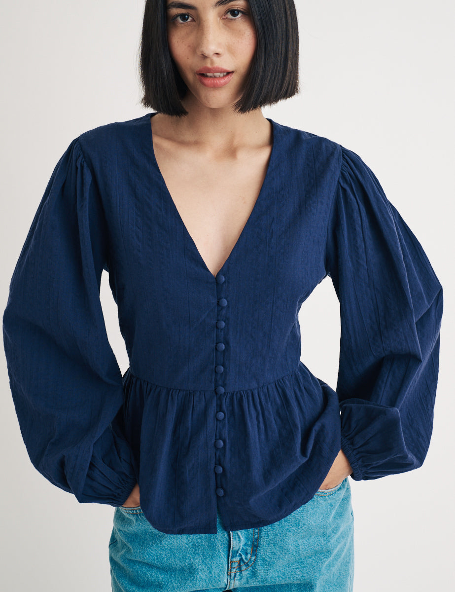 Navy Balloon Sleeve Ria Blouse