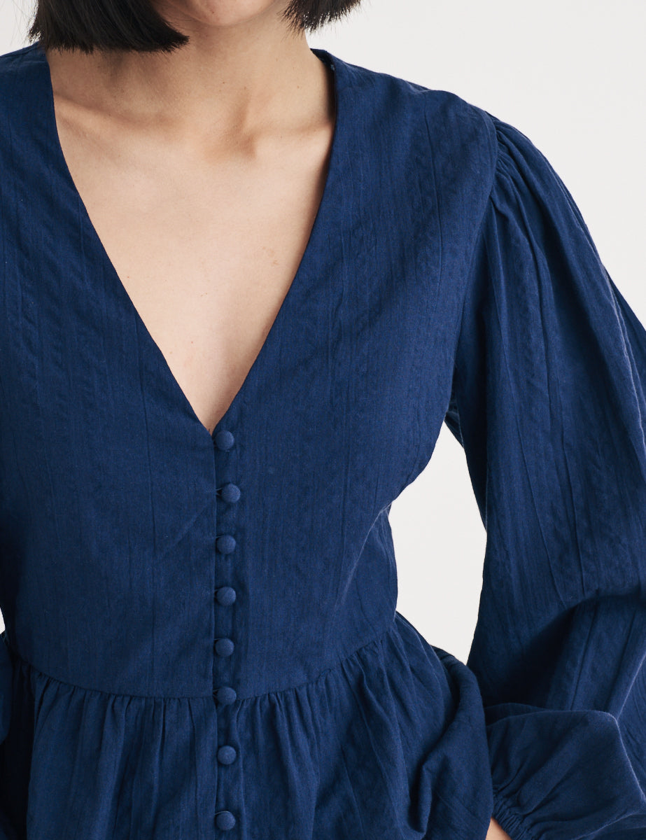 Navy Balloon Sleeve Ria Blouse