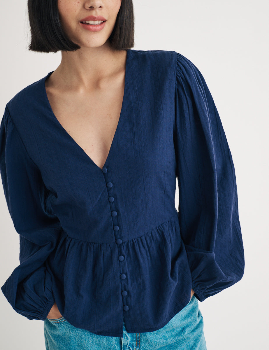 Navy Balloon Sleeve Ria Blouse