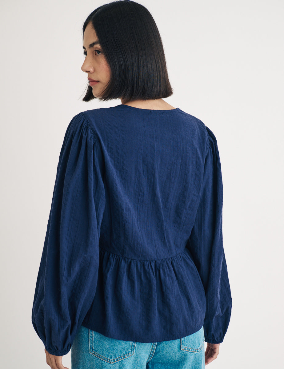 Navy Balloon Sleeve Ria Blouse