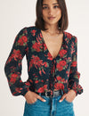 Red Floral Chiffon Tie Front Blouse