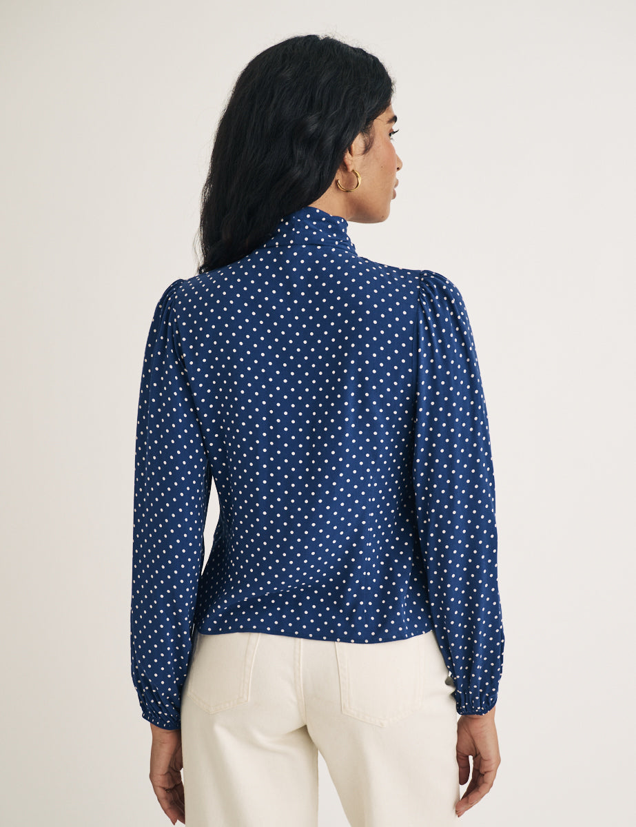 Blue Polka Dot Tie Neck Blouse