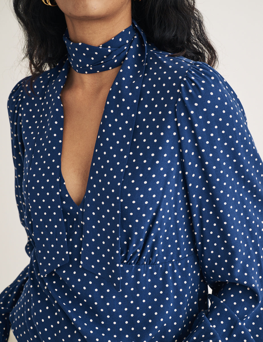 Blue Polka Dot Tie Neck Blouse