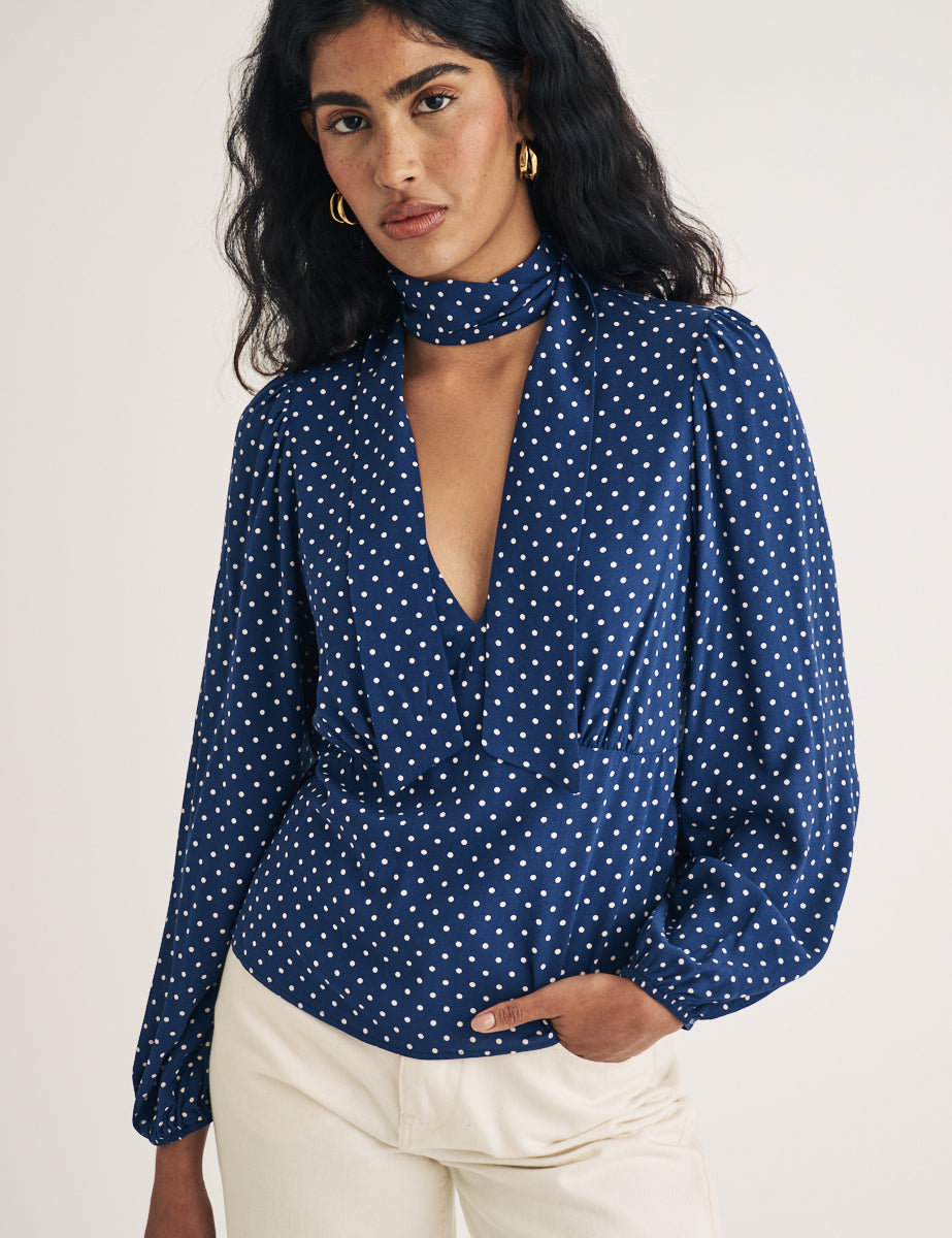 Blue Polka Dot Tie Neck Blouse