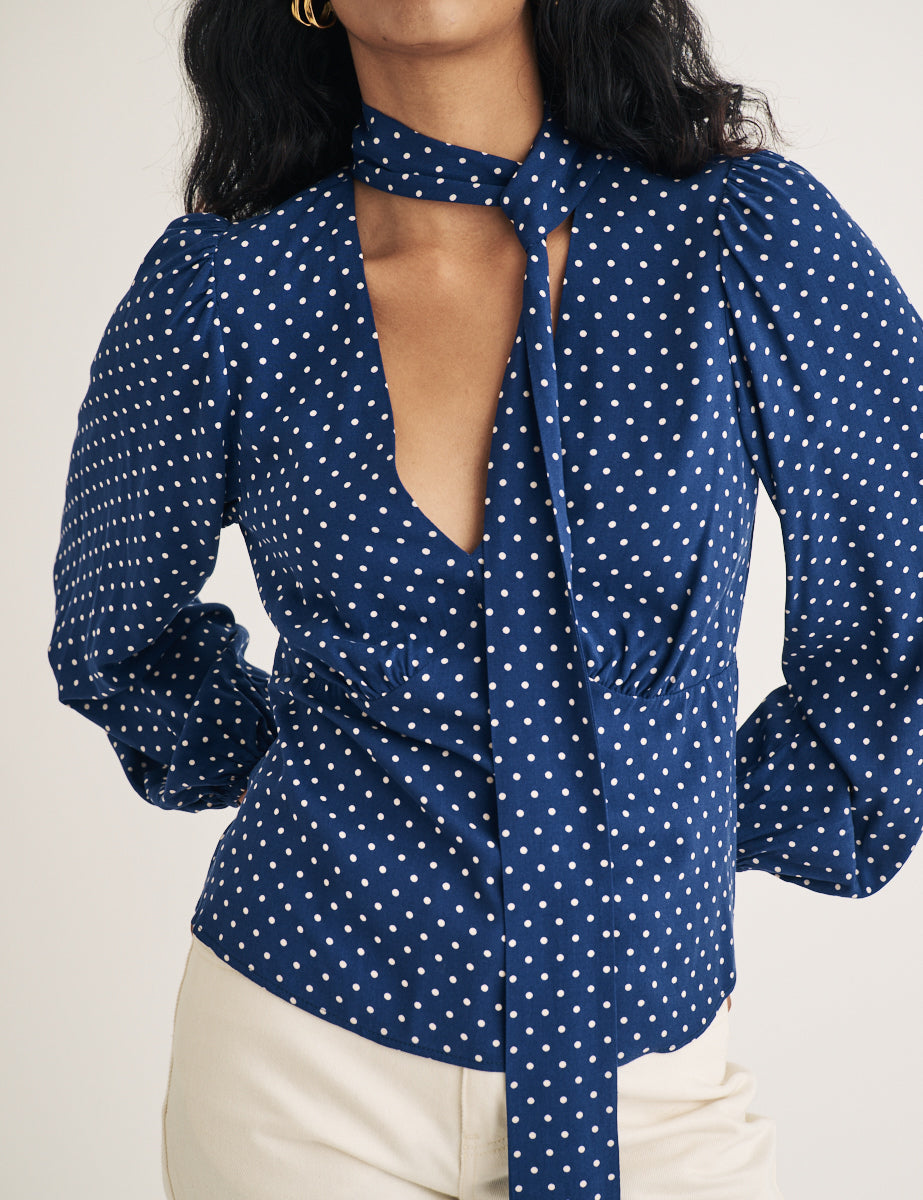 Blue Polka Dot Tie Neck Blouse