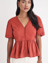 Red Puff Sleeve Peplum Blouse