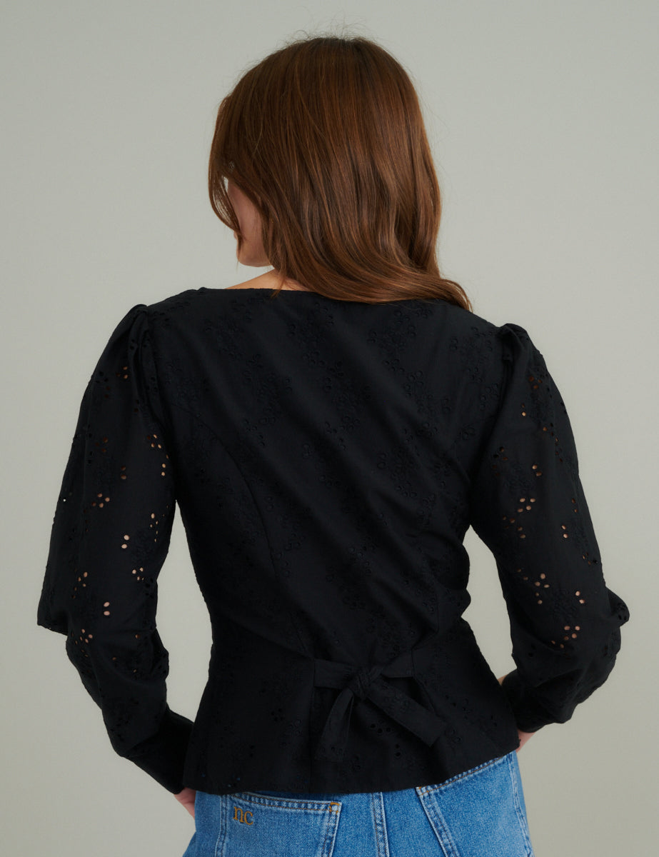 Black Broderie Button Down Top