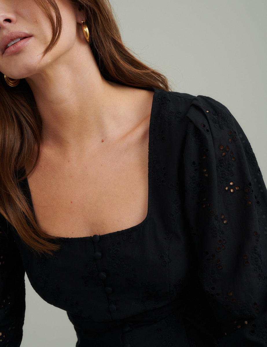 Black Broderie Button Down Top