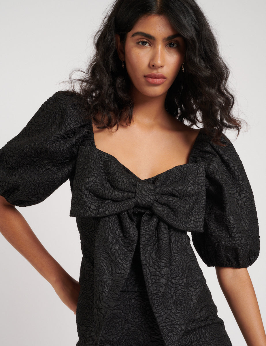 Black Floral Jacquard Bow Front Top