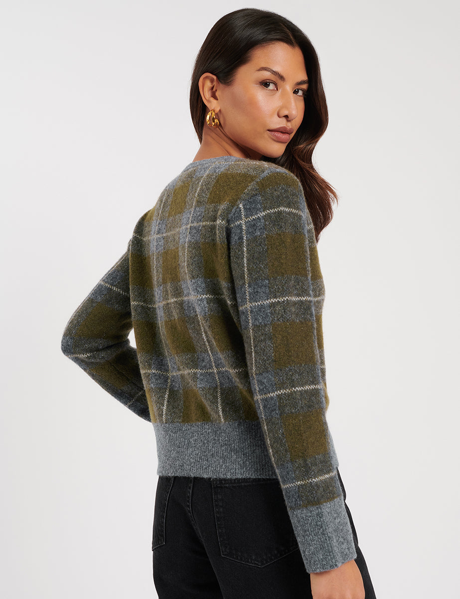 Green And Grey Check Wool Blend Knitted Cardigan