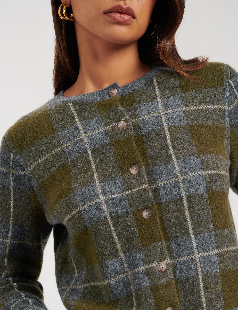 Green And Grey Check Wool Blend Knitted Cardigan