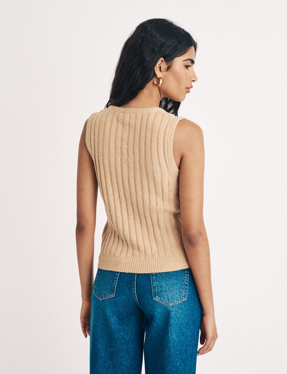 Beige Scoop Neck Rib Knitted Vest