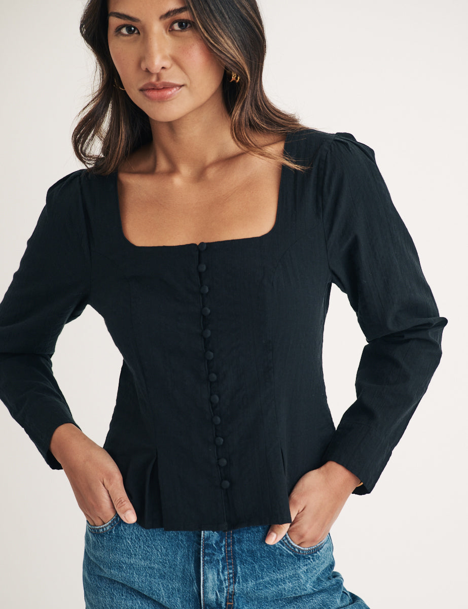 Black Long Sleeve Button Down Top