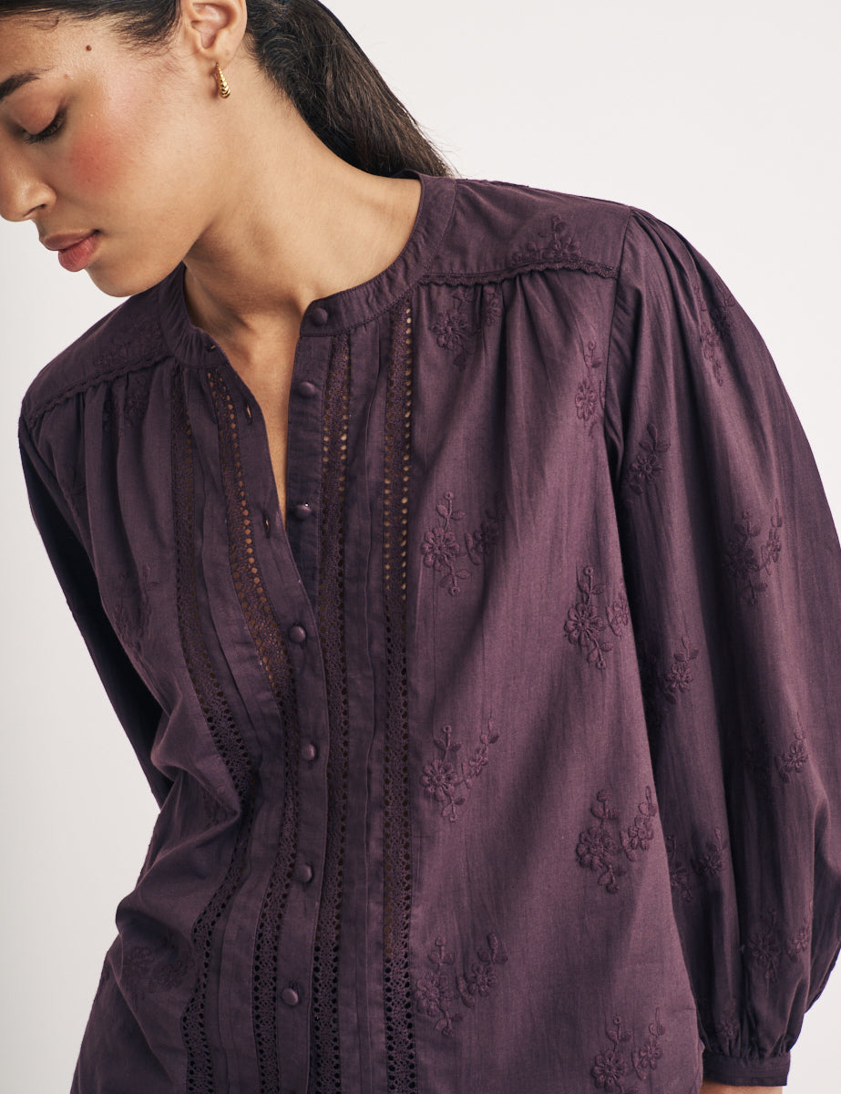 Purple Floral Embroidered Blouse