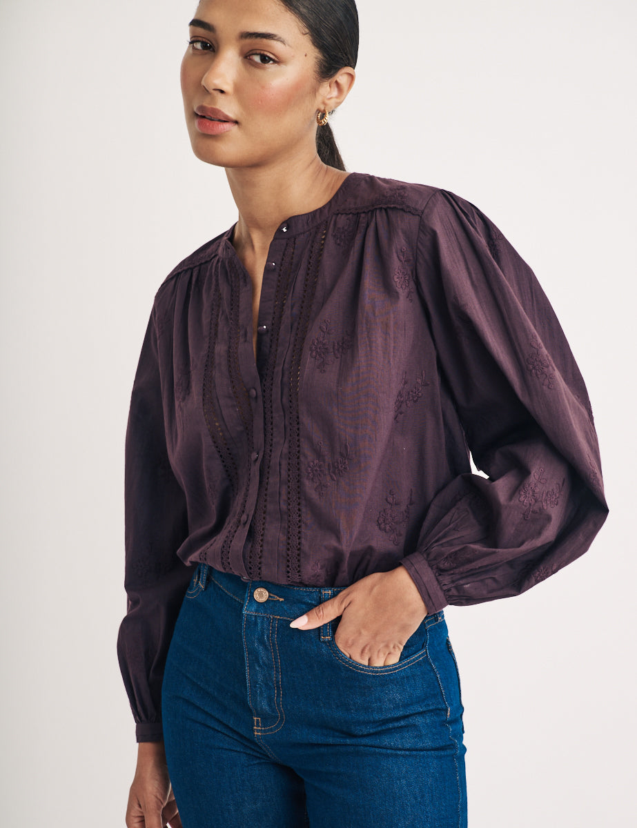 Purple Floral Embroidered Blouse