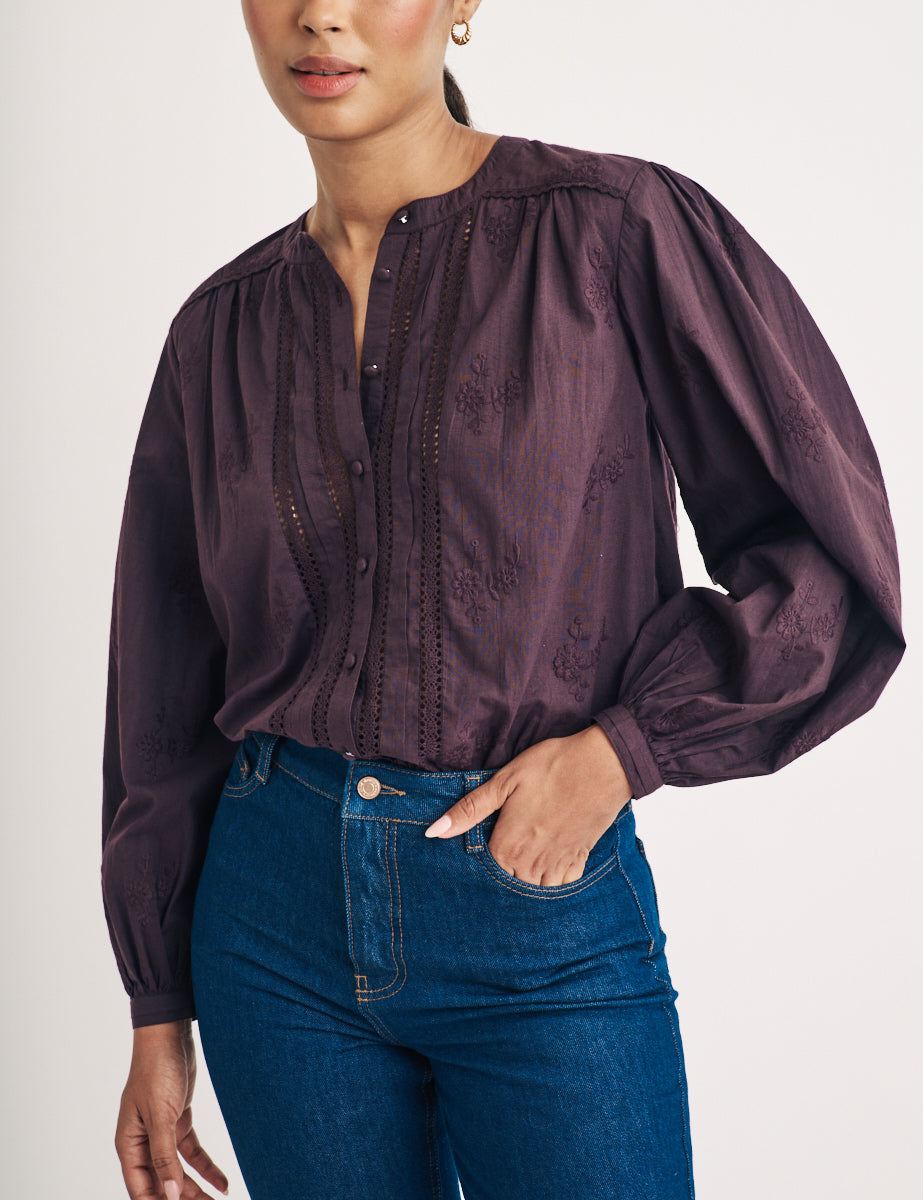 Purple Floral Embroidered Blouse