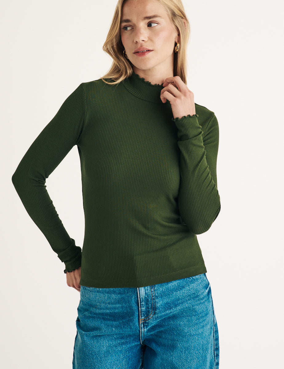 Green Ribbed Frill Funnel Neck Top