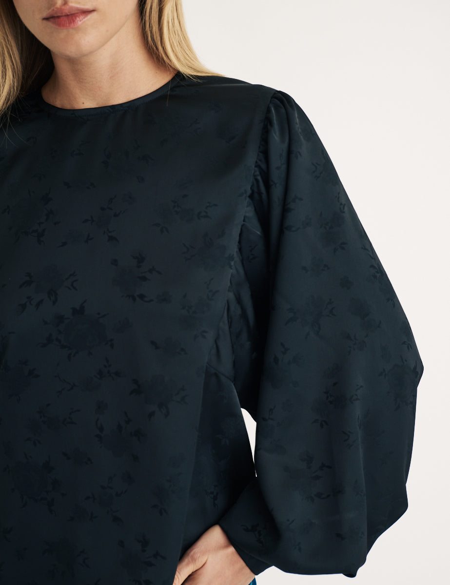 Black Satin Floral Jaquard Balloon Sleeve Top