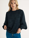 Black Satin Floral Jaquard Balloon Sleeve Top