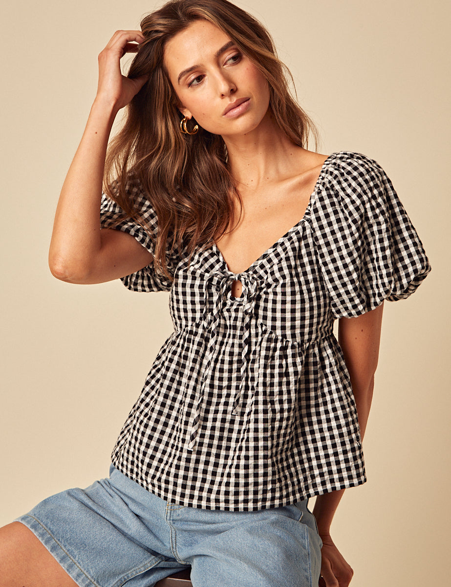 Black Gingham Puff Sleeve Top