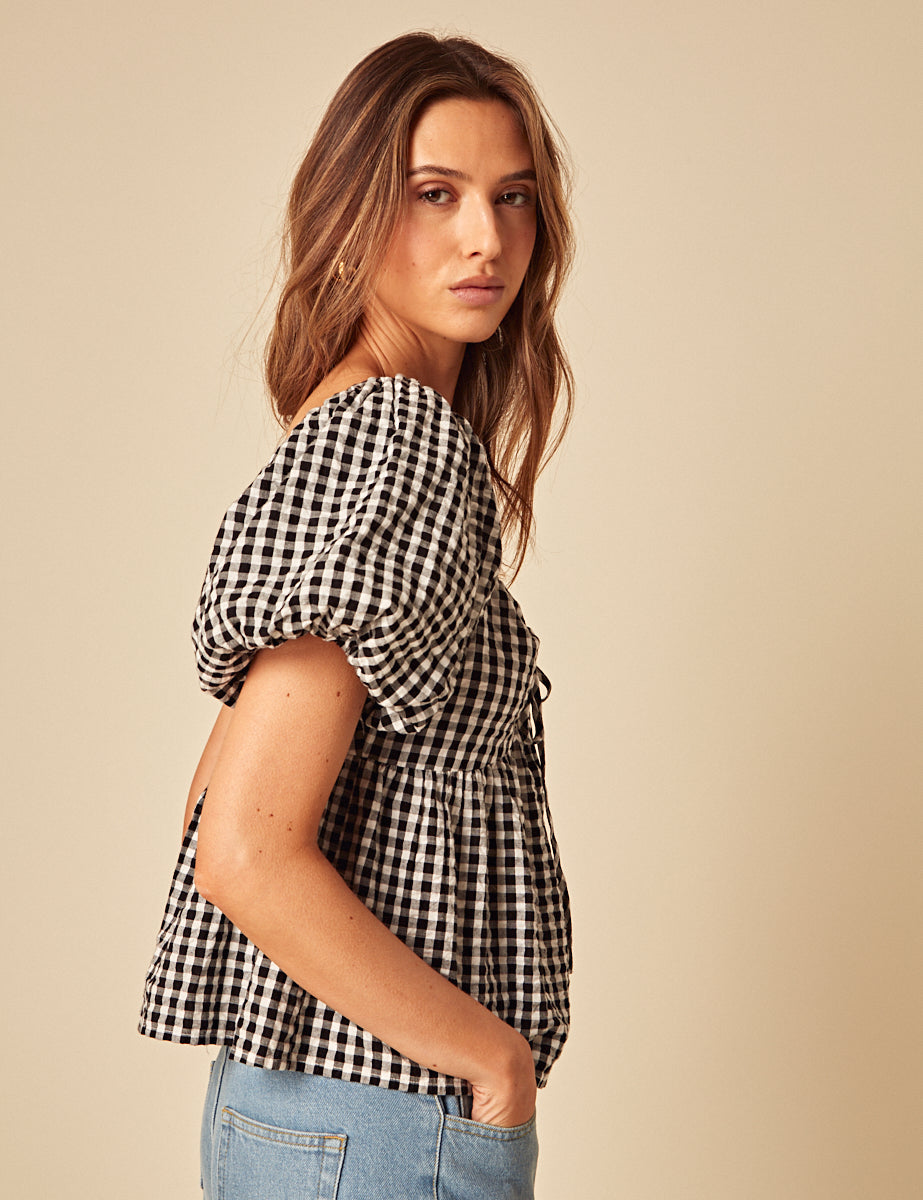 Black Gingham Puff Sleeve Top